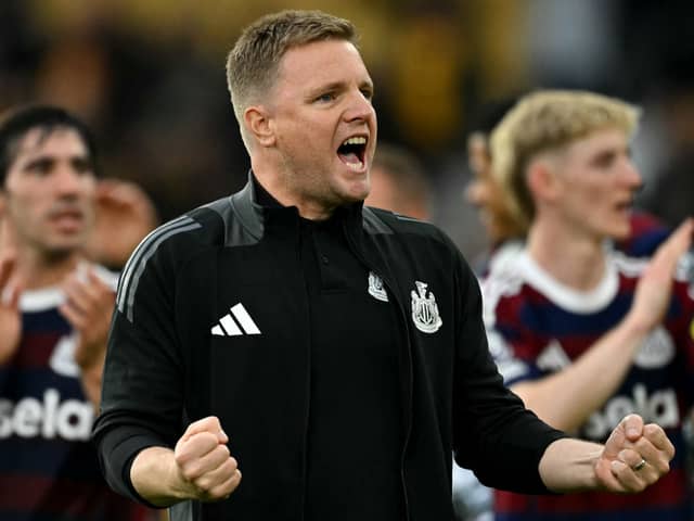 Newcastle United's English head coach Eddie Howe celebrates after the English Premier League football match between Wolverhampton Wanderers and Newcastle United at the Molineux stadium in Wolverhampton, central England on September 15, 2024. (Photo by JUSTIN TALLIS / AFP)