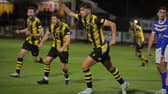 Bailey Adamson celebrates after scoring in Hebburn Town's 6-2 defeat against Whitby Town (photo Tyler Lopes)