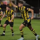 Bailey Adamson celebrates after scoring in Hebburn Town's 6-2 defeat against Whitby Town (photo Tyler Lopes)