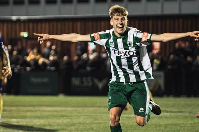 Dan Savage celebrates after scoring in Blyth Spartans win at Stockton Town (photo Paul Scott)