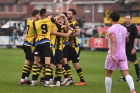 Hebburn Town celebrate one of their goals in Saturday's 2-1 home win against Lancaster City (photo Tyler Lopes)