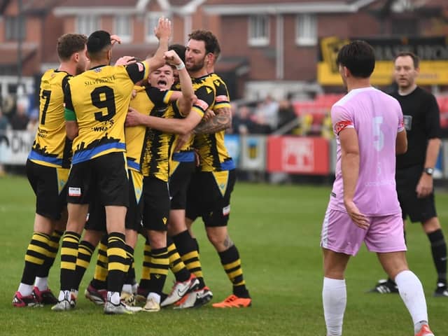 Hebburn Town celebrate one of their goals in Saturday's 2-1 home win against Lancaster City (photo Tyler Lopes)
