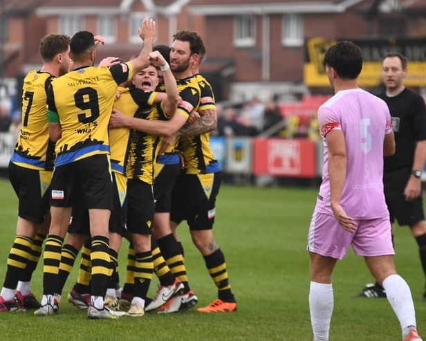 Hebburn Town celebrate one of their goals in Saturday's 2-1 home win against Lancaster City (photo Tyler Lopes)