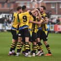 Hebburn Town celebrate one of their goals in Saturday's 2-1 home win against Lancaster City (photo Tyler Lopes)