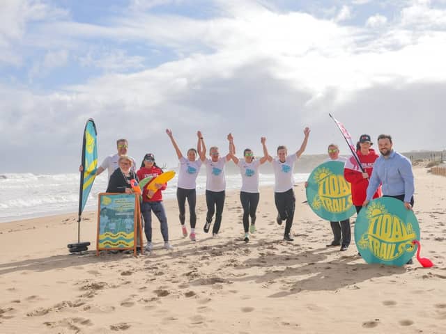 Steve Cram with Everyone Active's Steve Dougal, South Shields Council leader Cllr Tracey Dixon, Red Sky's Stacey Chance, running is Steve with the Trail team, Everyone Active's Ian Bainbridge, Red Sky's Cheryl Gray and Colmans Fish Restaurant owner Richard Ord.