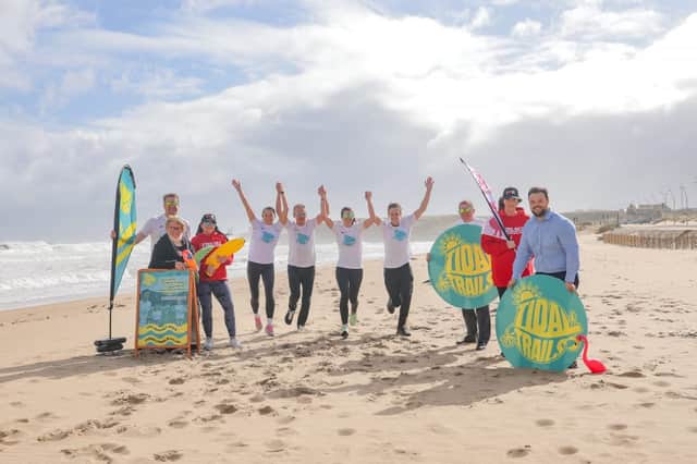 Steve Cram with Everyone Active's Steve Dougal, South Shields Council leader Cllr Tracey Dixon, Red Sky's Stacey Chance, running is Steve with the Trail team, Everyone Active's Ian Bainbridge, Red Sky's Cheryl Gray and Colmans Fish Restaurant owner Richard Ord.