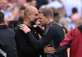 Manchester City manager Pep Guardiola and Newcastle United head coach Eddie Howe. (Photo by Stu Forster/Getty Images)