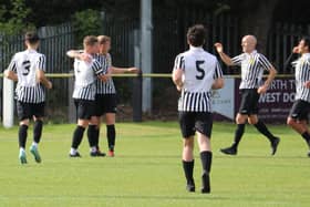 Boldon CA celebrate after scoring in their 2-0 home win against Billingham Synthonia (photo Jess Kelly)
