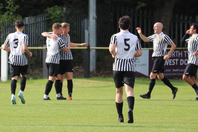 Boldon CA celebrate after scoring in their 2-0 home win against Billingham Synthonia (photo Jess Kelly)