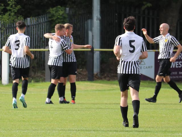 Boldon CA celebrate after scoring in their 2-0 home win against Billingham Synthonia (photo Jess Kelly)