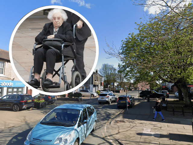 A general view of Elbow Lane, Formby, where 96-year-old June Mills (insert) mounted the pavement in her Vauxhall Corsa and killed a pedestrian.