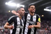 Newcastle United striker Will Osula celebrates with Fabian Schar during their Carabao Cup win over AFC Wimbledon.