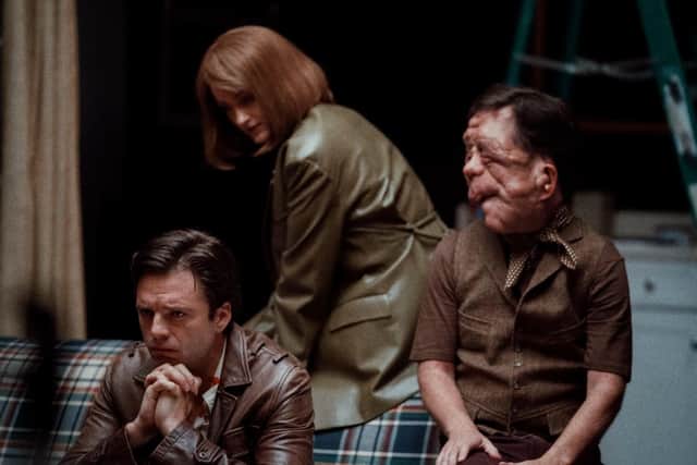 [L-R] Sebastian Stan, Renate Reinsve and Adam Pearson in A24's latest film, A Different Man