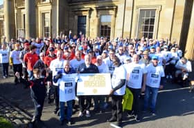 Former SAFC players Gary Bennett, Mick Harford, David Corner and Gordon Armstrong join Fans' Museum founder Michael Ganley and around 150 participants on last year's prostate cancer awareness walk.
