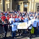 Former SAFC players Gary Bennett, Mick Harford, David Corner and Gordon Armstrong join Fans' Museum founder Michael Ganley and around 150 participants on last year's prostate cancer awareness walk.
