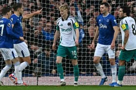 Anthony Gordon after seeing his penalty saved by Jordan Pickford. 