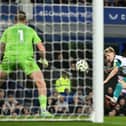 Anthony Gordon shoots but misses during the English Premier League football match between Everton and Newcastle United at Goodison Park in Liverpool, north west England on October 5, 2024. (Photo by Paul ELLIS / AFP) 