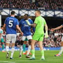 Jordan Pickford of Everton reacts during the Premier League match between Everton FC and Newcastle United FC at Goodison Park on October 05, 2024 in Liverpool, England. (Photo by Matt McNulty/Getty Images)