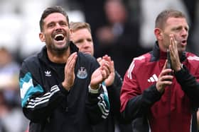 Newcastle United assistant Jason Tindall laughs as Graeme Jones (r) applauds after the Premier League match between Newcastle United FC and Manchester City FC at St James' Park on September 28, 2024 in Newcastle upon Tyne, England. (Photo by Stu Forster/Getty Images)