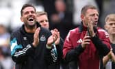 Newcastle United assistant Jason Tindall laughs as Graeme Jones (r) applauds after the Premier League match between Newcastle United FC and Manchester City FC at St James' Park on September 28, 2024 in Newcastle upon Tyne, England. (Photo by Stu Forster/Getty Images)
