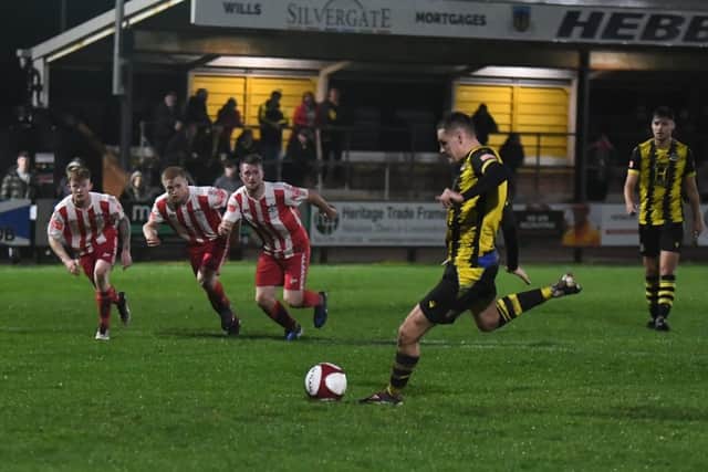 Olly Martin scores from the penalty spot in Hebburn Town's Durham Challenge Cup tie against Newton Aycliffe (photo Kelly Lopes)