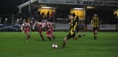 Olly Martin scores from the penalty spot in Hebburn Town's Durham Challenge Cup tie against Newton Aycliffe (photo Kelly Lopes)