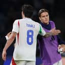 Sandro Tonali of Italy greets Nicolo Fagioli of Italy at the end of the match during the UEFA Nations League 2024/25 League A Group A2 match between France and Italy at  on September 06, 2024 in Paris, France. (Photo by Claudio Villa/Getty Images)