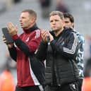 Eddie Howe, Manager of Newcastle United, shows appreciation to the fans following the Premier League match between Newcastle United FC and Brighton & Hove Albion FC at St James' Park on October 19, 2024 in Newcastle upon Tyne, England. (Photo by George Wood/Getty Images)