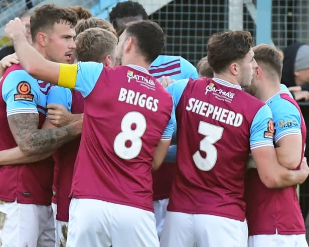 South Shields celebrate after Tom Broadbent scored the only goal of the home win against Leamington (photo Kevin Wilson)