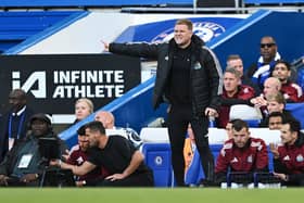 Eddie Howe, Manager of Newcastle United, gives the team instructions during the Premier League match between Chelsea FC and Newcastle United FC at Stamford Bridge on October 27, 2024 in London, England. (Photo by Mike Hewitt/Getty Images)