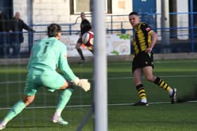 Olly Martin scores an equaliser as Hebburn Town battle to a draw at Leek Town (photo Tyler Lopes)