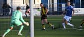 Olly Martin scores an equaliser as Hebburn Town battle to a draw at Leek Town (photo Tyler Lopes)