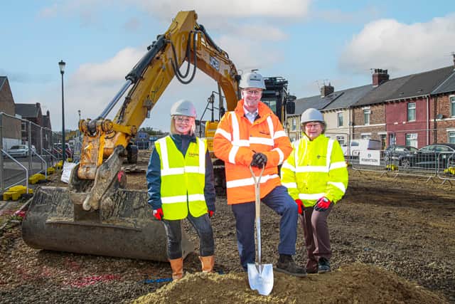 From left: Zoey Hawthorne, assistant director of development delivery at Karbon Homes, Neil Kennedy, regional managing director of Robertson Construction North East and Councillor Ruth Berkley, Lead Member for Adults, Health and Independence at South Tyneside Council.