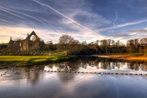Stunning view of the Priory ruins during a walk within the Bolton Abbey Estate.