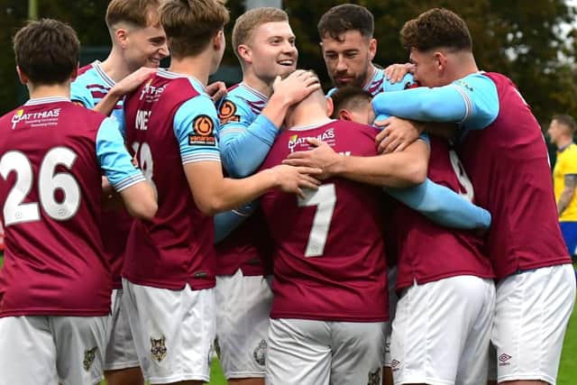 South Shields celebrate scoring at Warrington Town (photo Kevin Wilson)