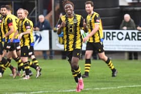 Joao Gomes celebrates after scoring Hebburn Town's goal in their 1-1 draw with FC United of Manchester (photo Tyler Lopes)