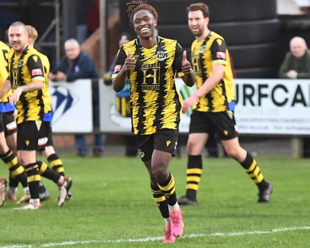 Joao Gomes celebrates after scoring Hebburn Town's goal in their 1-1 draw with FC United of Manchester (photo Tyler Lopes)