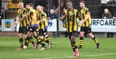 Joao Gomes celebrates after scoring Hebburn Town's goal in their 1-1 draw with FC United of Manchester (photo Tyler Lopes)