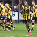 Joao Gomes celebrates after scoring Hebburn Town's goal in their 1-1 draw with FC United of Manchester (photo Tyler Lopes)