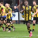 Joao Gomes celebrates after scoring Hebburn Town's goal in their 1-1 draw with FC United of Manchester (photo Tyler Lopes)