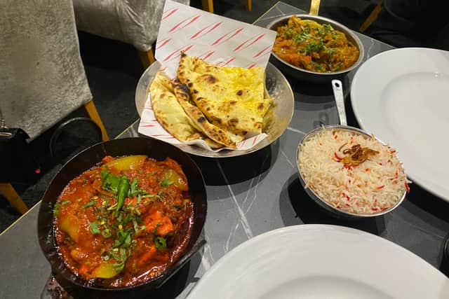 Lamb Bhuna, Chicken Korai, chips and garlic naan at Namaste, South Shields.