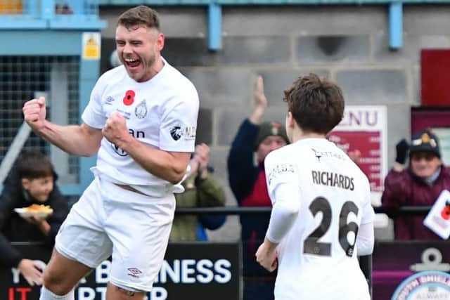 Paul Blackett celebrates after scoring for South Shields in their home game against King's Lynn Town (photo Kevin Wilson)