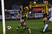Amar Purewal scores for Hebburn Town in their 2-0 home win against Prescot Cables (credit Tyler Lopes)