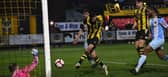 Amar Purewal scores for Hebburn Town in their 2-0 home win against Prescot Cables (credit Tyler Lopes)