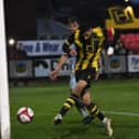 Amar Purewal scores for Hebburn Town in their 2-0 home win against Prescot Cables (credit Tyler Lopes)