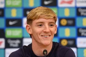 Anthony Gordon of England speaks to the media during a press conference at IntercontinentalÂ Hotel on November 13, 2024 in Athens, Greece. (Photo by Justin Setterfield/Getty Images)