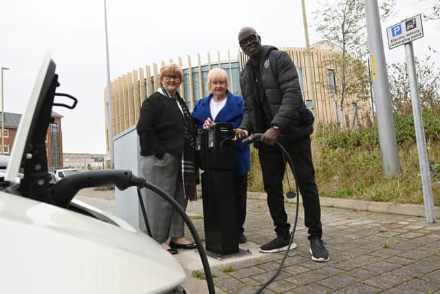 From left: The Leader of South Tyneside Council, Councillor Tracey Dixon with Councillor Margaret Meling and Connected Kerb’s Brand Ambassador Martin Offiah MBE at one of the new charging points at The Word car park, in South Shields.