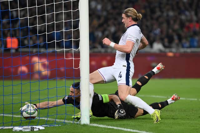 Odysseas Vlachodimos of Greece concedes an own goal after a shot from Jude Bellingham of England (not pictured), which leads to England's second goal during the UEFA Nations League 2024/25 League B Group B2 match between Greece and England at Athens Olympic Stadium on November 14, 2024 in Athens, Greece. (Photo by Justin Setterfield/Getty Images)