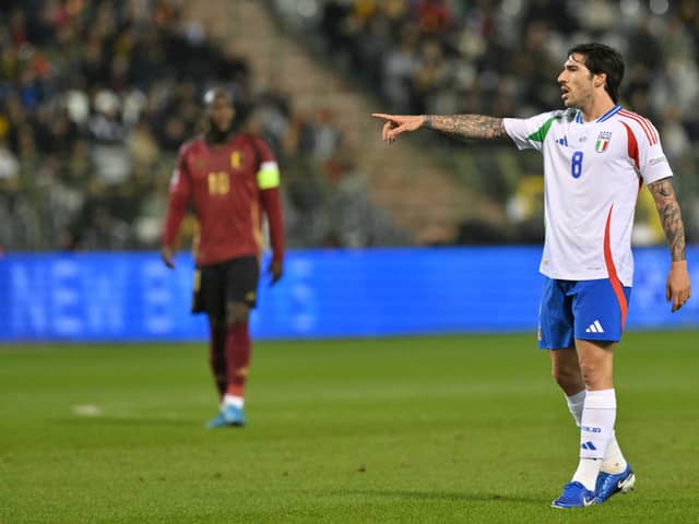 Italy's midfielder #08 Sandro Tonali gestures during the UEFA Nations League Group A2 football match between Belgium and Italy at the King Baudouin Stadium in Brussels on November 14, 2024. (Photo by NICOLAS TUCAT / AFP) (Photo by NICOLAS TUCAT/AFP via Getty Images)