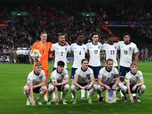 Lewis Hall (bottom left), Tino Livramento (second-bottom left) and Anthony Gordon (bottom right) pictured lining up for England